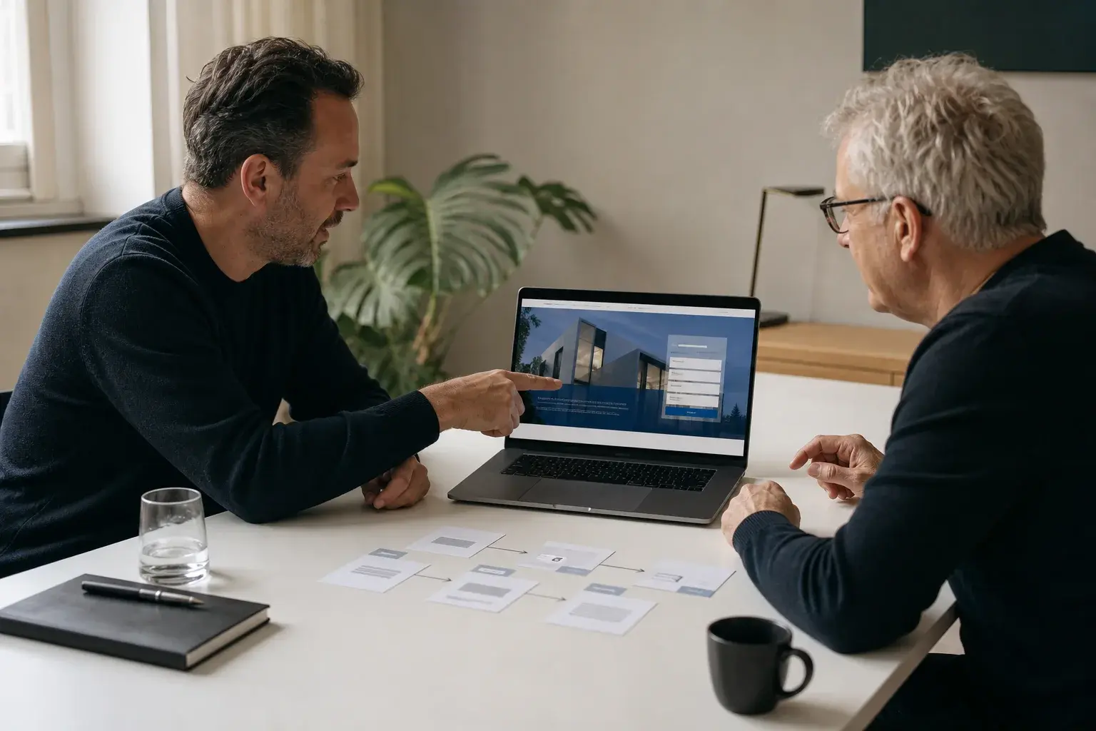 Client and consultant reviewing a website and its enquiry journey